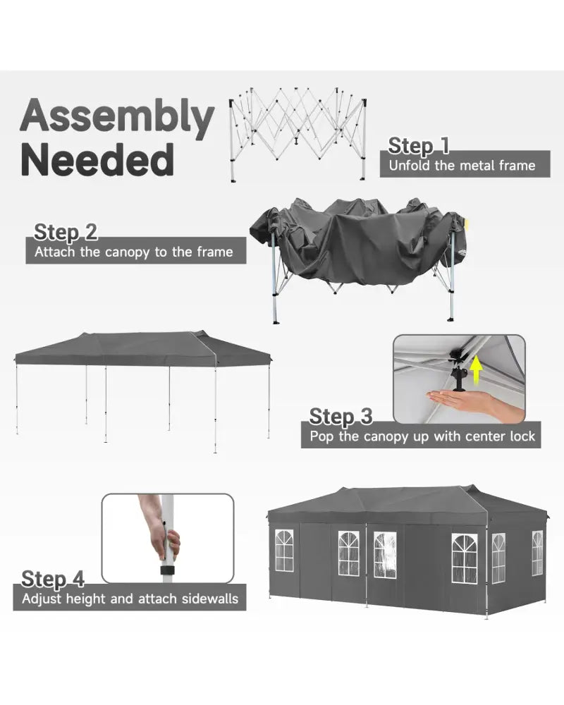 10 x 20 FT Pop Up Canopy Tent with 6 Sidewalls and Adjustable Height-Gray - Gray - Canopies