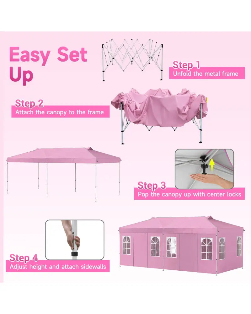 10 x 20 FT Pop Up Canopy Tent with 6 Sidewalls and Adjustable Height-Pink - Pink - Canopies