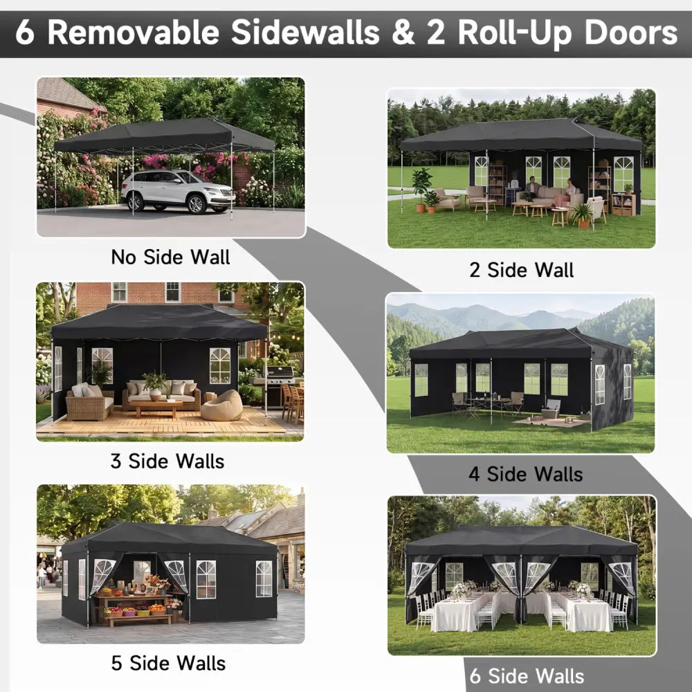 10 x 20 FT Pop Up Canopy Tent with 6 Sidewalls and Adjustable Height-Black - Black - Canopies