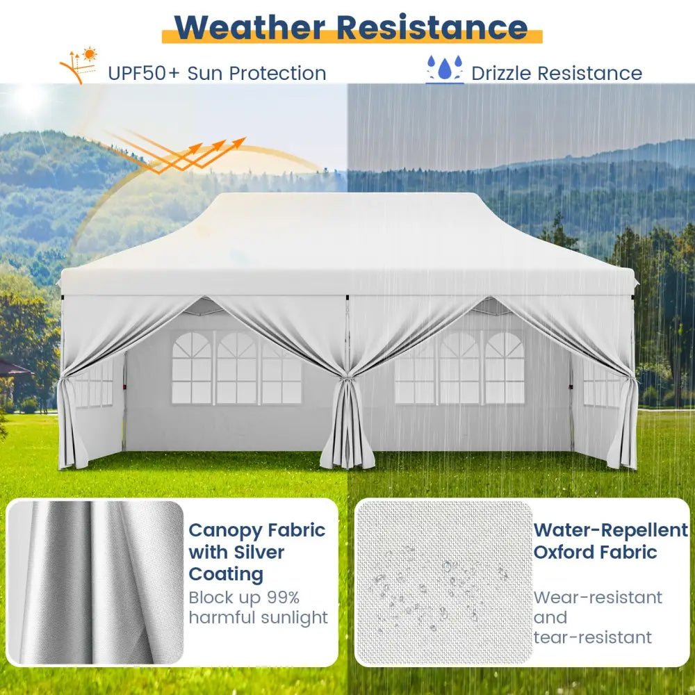 10 x 20 FT Pop up Canopy with 6 Sidewalls and Windows and Carrying Bag for Party Wedding Picnic-White - White - Canopies