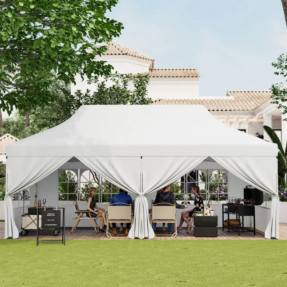 10 x 20 FT Pop up Canopy with 6 Sidewalls and Windows and Carrying Bag for Party Wedding Picnic-White - White - Canopies
