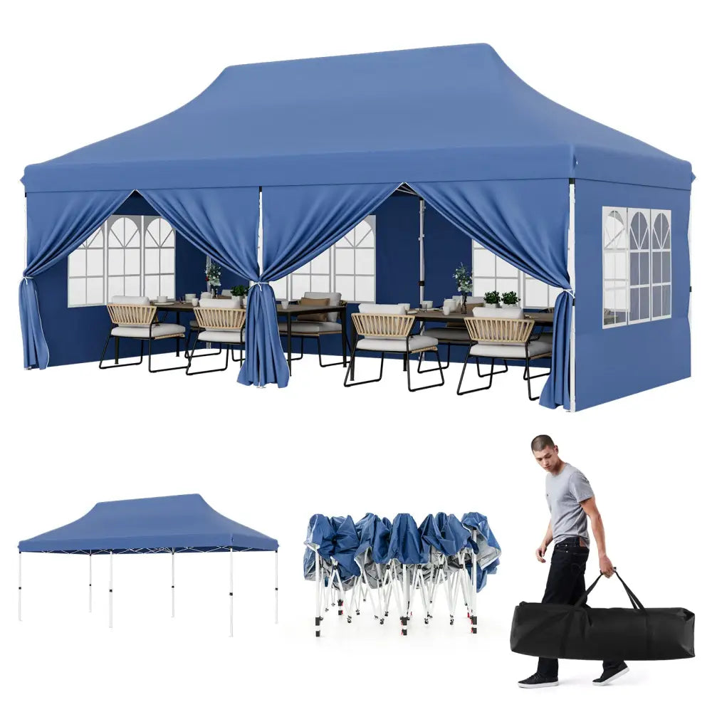 10 x 20 FT Pop up Canopy with 6 Sidewalls and Windows and Carrying Bag for Party Wedding Picnic-Blue - Blue - Canopies