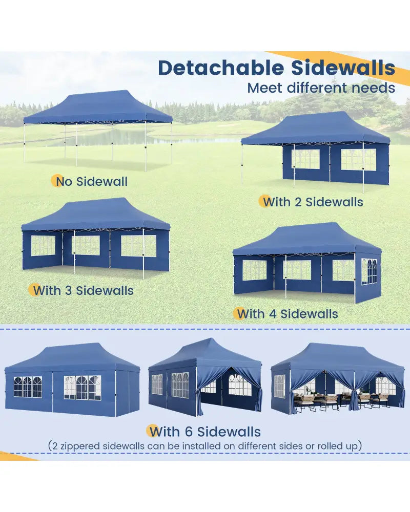 10 x 20 FT Pop up Canopy with 6 Sidewalls and Windows and Carrying Bag for Party Wedding Picnic-Blue - Blue - Canopies