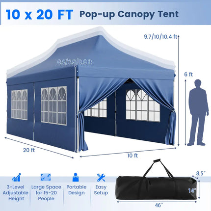 10 x 20 FT Pop up Canopy with 6 Sidewalls and Windows and Carrying Bag for Party Wedding Picnic-Blue - Blue - Canopies