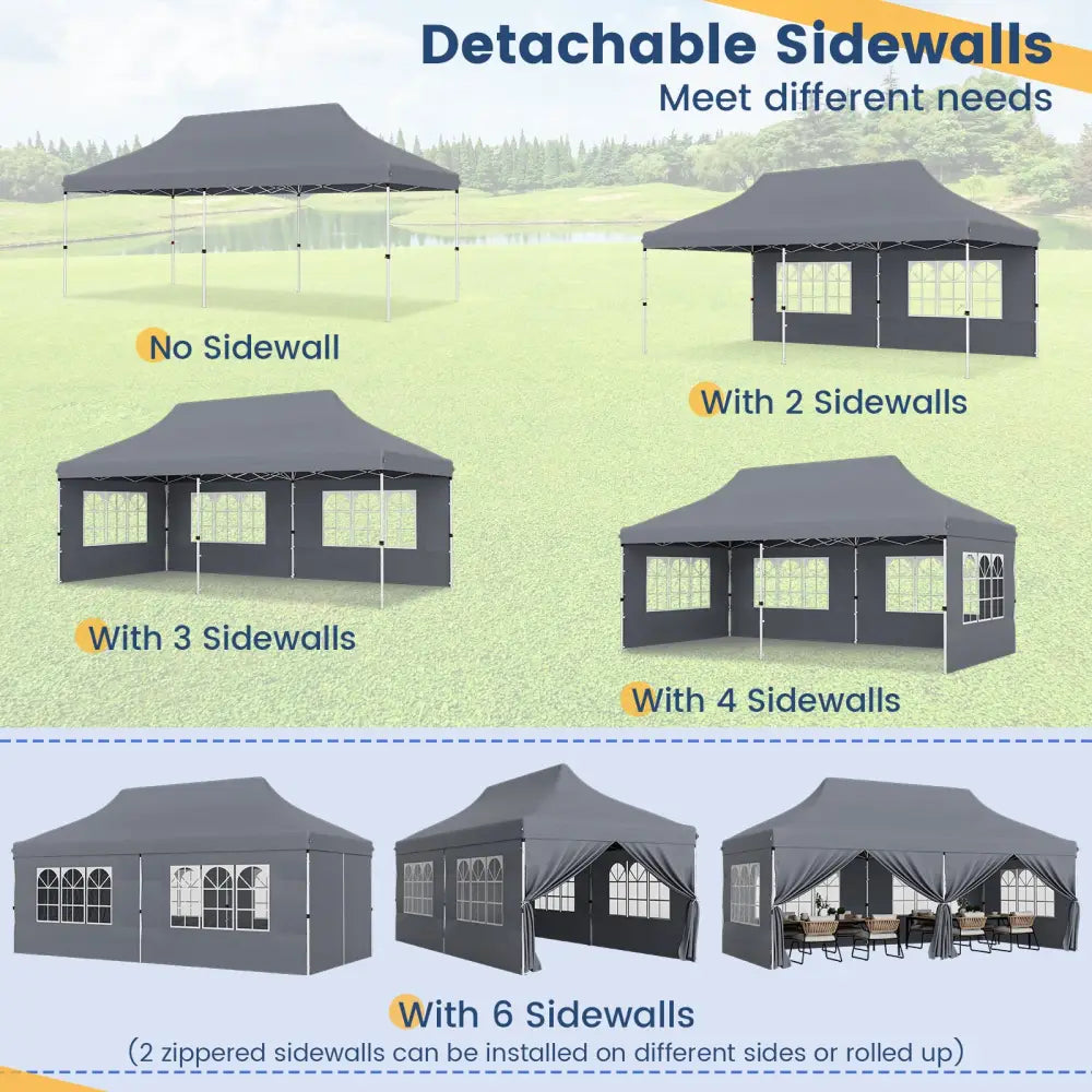 10 x 20 FT Pop up Canopy with 6 Sidewalls and Windows and Carrying Bag for Party Wedding Picnic-Gray - Gray - Canopies