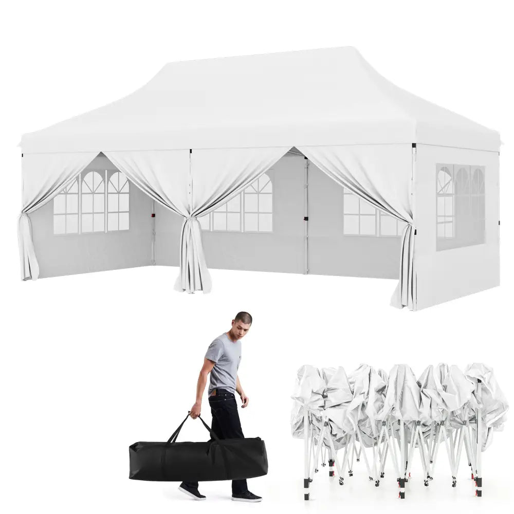 10 x 20 FT Pop up Canopy with 6 Sidewalls and Windows and Carrying Bag for Party Wedding Picnic-White - White - Canopies