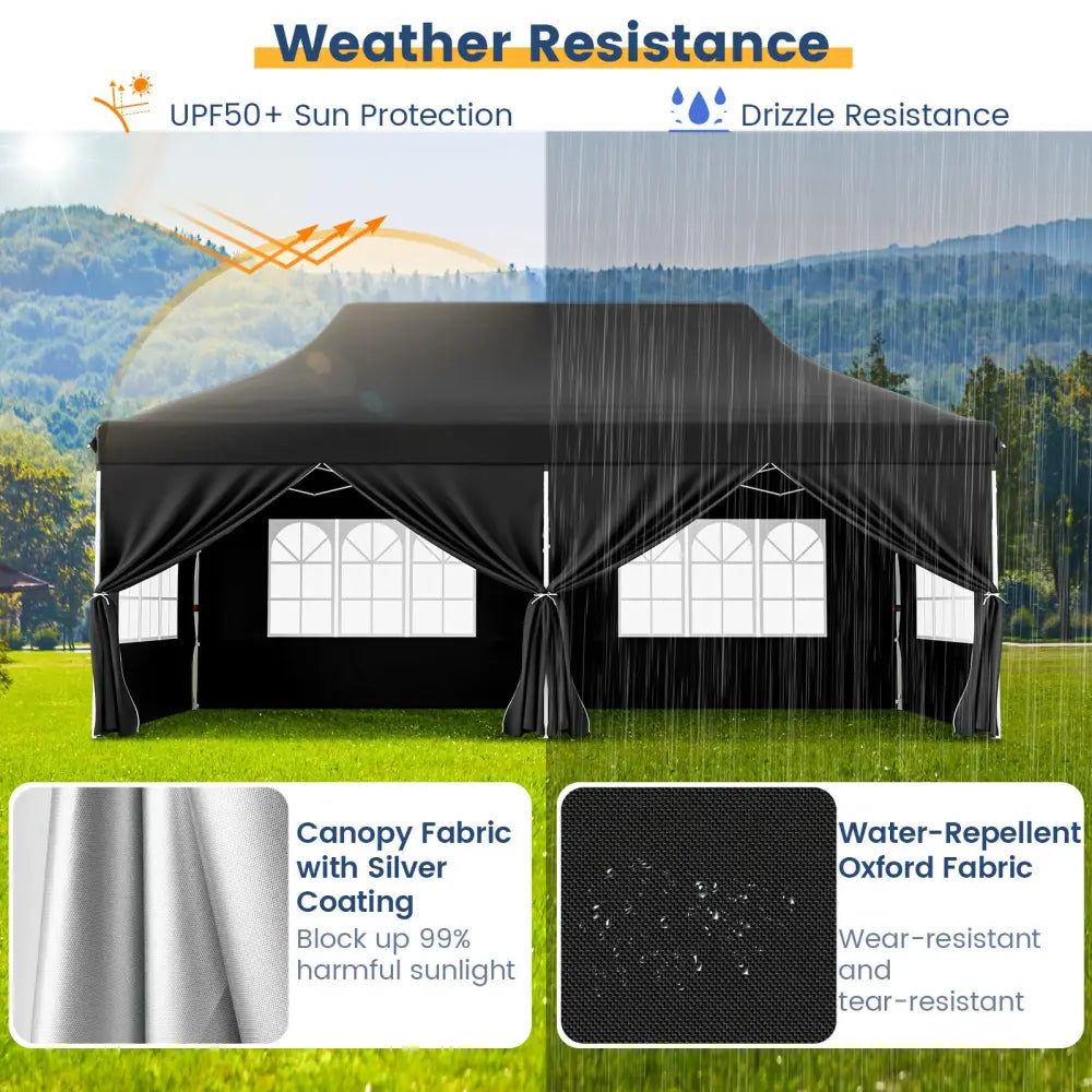10 x 20 FT Pop up Canopy with 6 Sidewalls and Windows and Carrying Bag for Party Wedding Picnic-Black - Black - Canopies