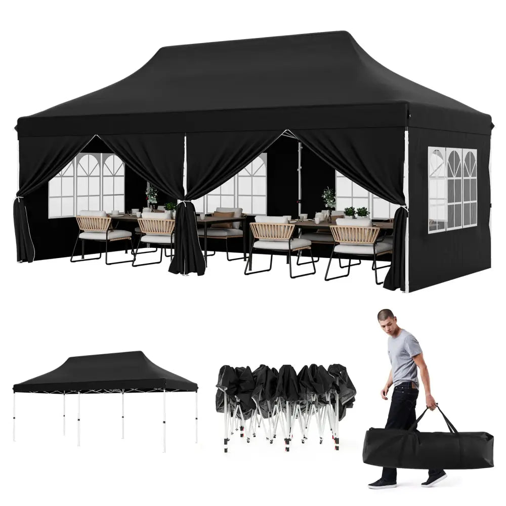 10 x 20 FT Pop up Canopy with 6 Sidewalls and Windows and Carrying Bag for Party Wedding Picnic-Black - Black - Canopies