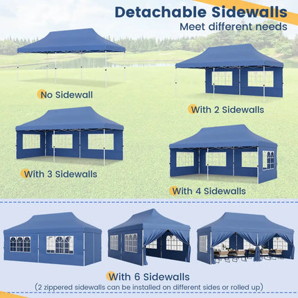 10 x 20 FT Pop up Canopy with 6 Sidewalls and Windows and Carrying Bag for Party Wedding Picnic-Blue - Blue - Canopies