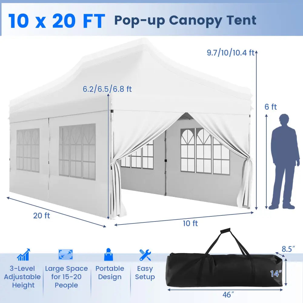 10 x 20 FT Pop up Canopy with 6 Sidewalls and Windows and Carrying Bag for Party Wedding Picnic-White - White - Canopies