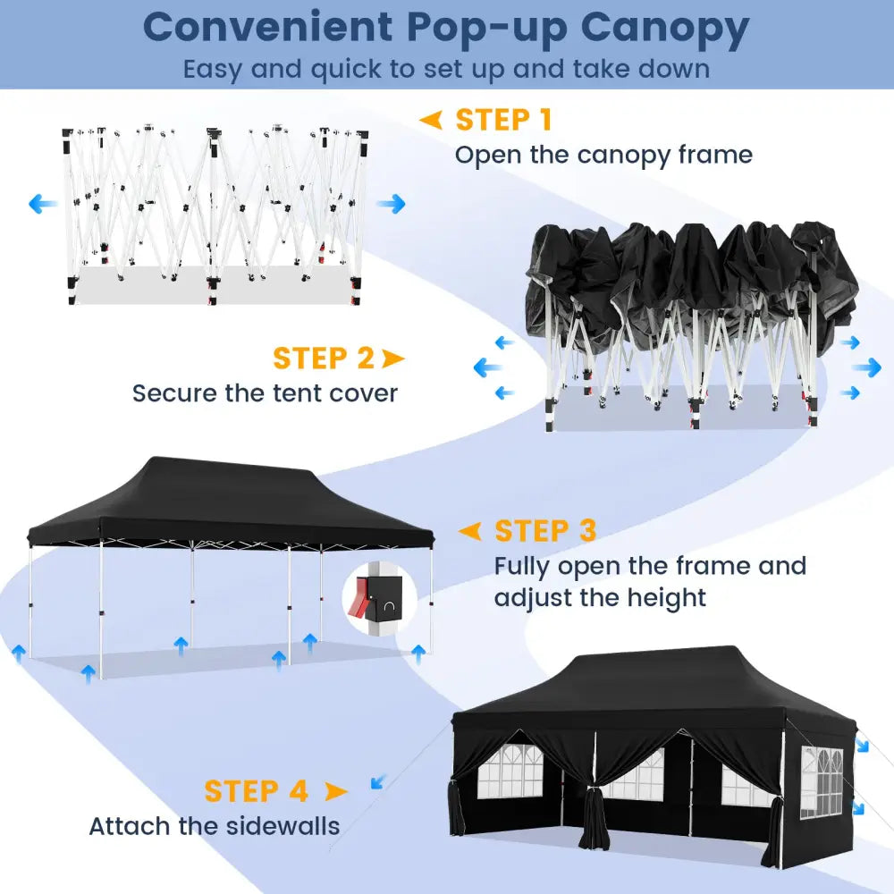 10 x 20 FT Pop up Canopy with 6 Sidewalls and Windows and Carrying Bag for Party Wedding Picnic-Black - Black - Canopies