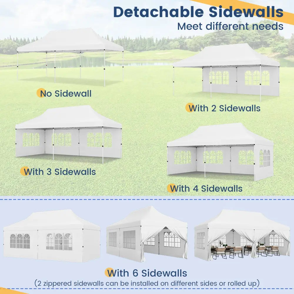 10 x 20 FT Pop up Canopy with 6 Sidewalls and Windows and Carrying Bag for Party Wedding Picnic-White - White - Canopies