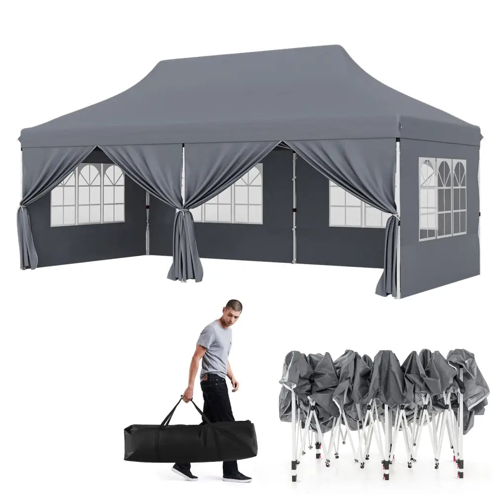 10 x 20 FT Pop up Canopy with 6 Sidewalls and Windows and Carrying Bag for Party Wedding Picnic-Gray - Gray - Canopies