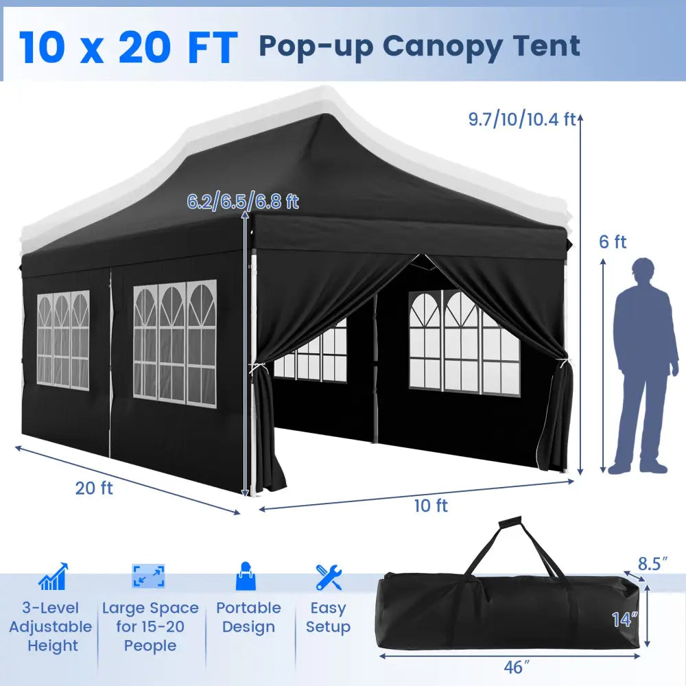 10 x 20 FT Pop up Canopy with 6 Sidewalls and Windows and Carrying Bag for Party Wedding Picnic-Black - Black - Canopies