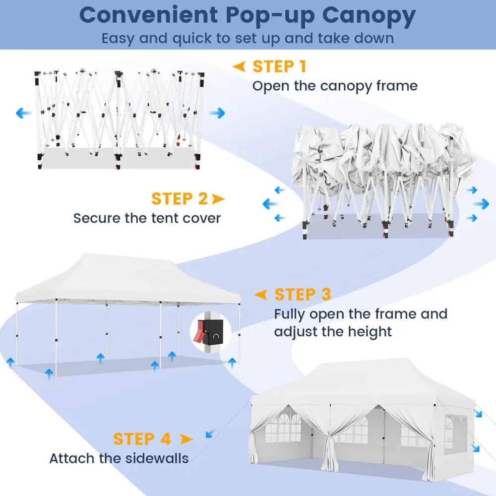 10 x 20 FT Pop up Canopy with 6 Sidewalls and Windows and Carrying Bag for Party Wedding Picnic-White - White - Canopies