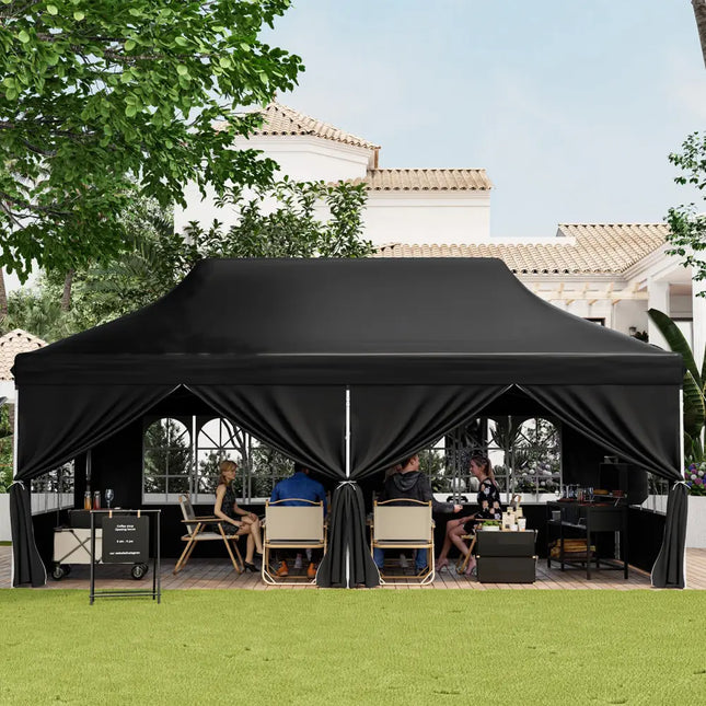 10 x 20 FT Pop up Canopy with 6 Sidewalls and Windows and Carrying Bag for Party Wedding Picnic-Black - Black - Canopies