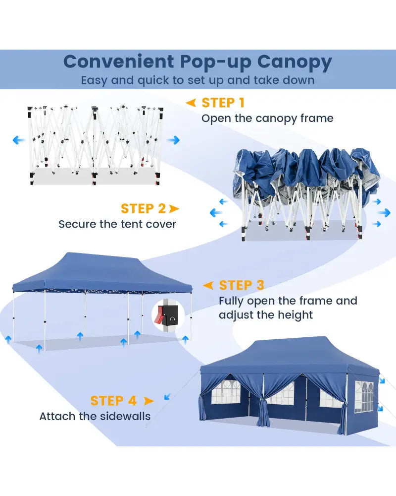 10 x 20 FT Pop up Canopy with 6 Sidewalls and Windows and Carrying Bag for Party Wedding Picnic-Blue - Blue - Canopies