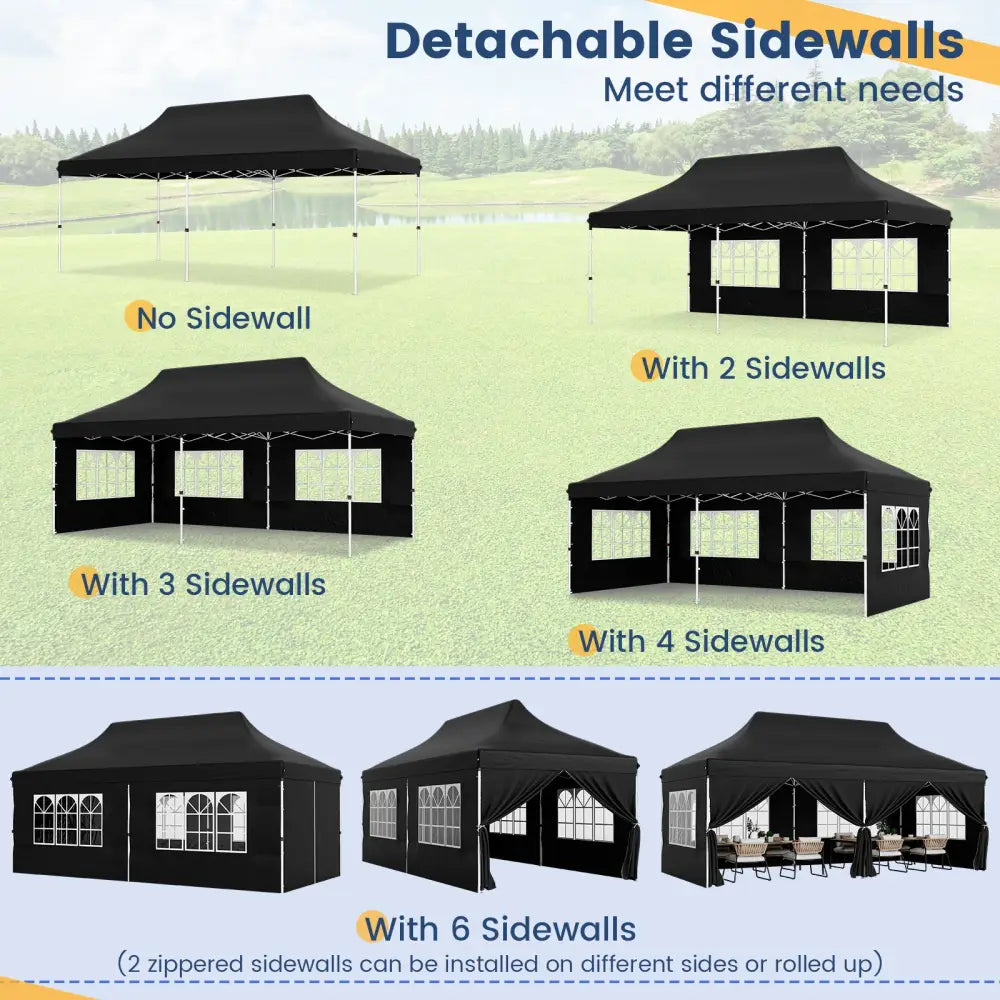 10 x 20 FT Pop up Canopy with 6 Sidewalls and Windows and Carrying Bag for Party Wedding Picnic-Black - Black - Canopies