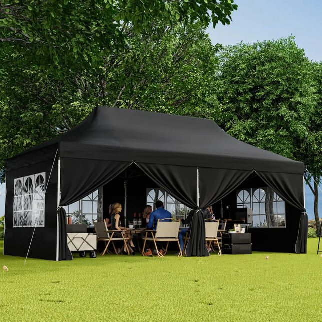 10 x 20 FT Pop up Canopy with 6 Sidewalls and Windows and Carrying Bag for Party Wedding Picnic-Black - Black - Canopies