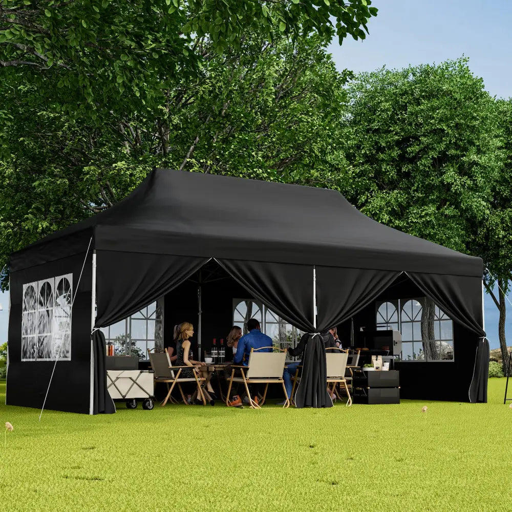10 x 20 FT Pop up Canopy with 6 Sidewalls and Windows and Carrying Bag for Party Wedding Picnic-Black - Black - Canopies
