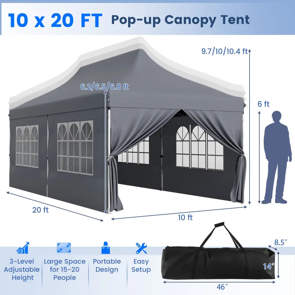 10 x 20 FT Pop up Canopy with 6 Sidewalls and Windows and Carrying Bag for Party Wedding Picnic-Gray - Gray - Canopies