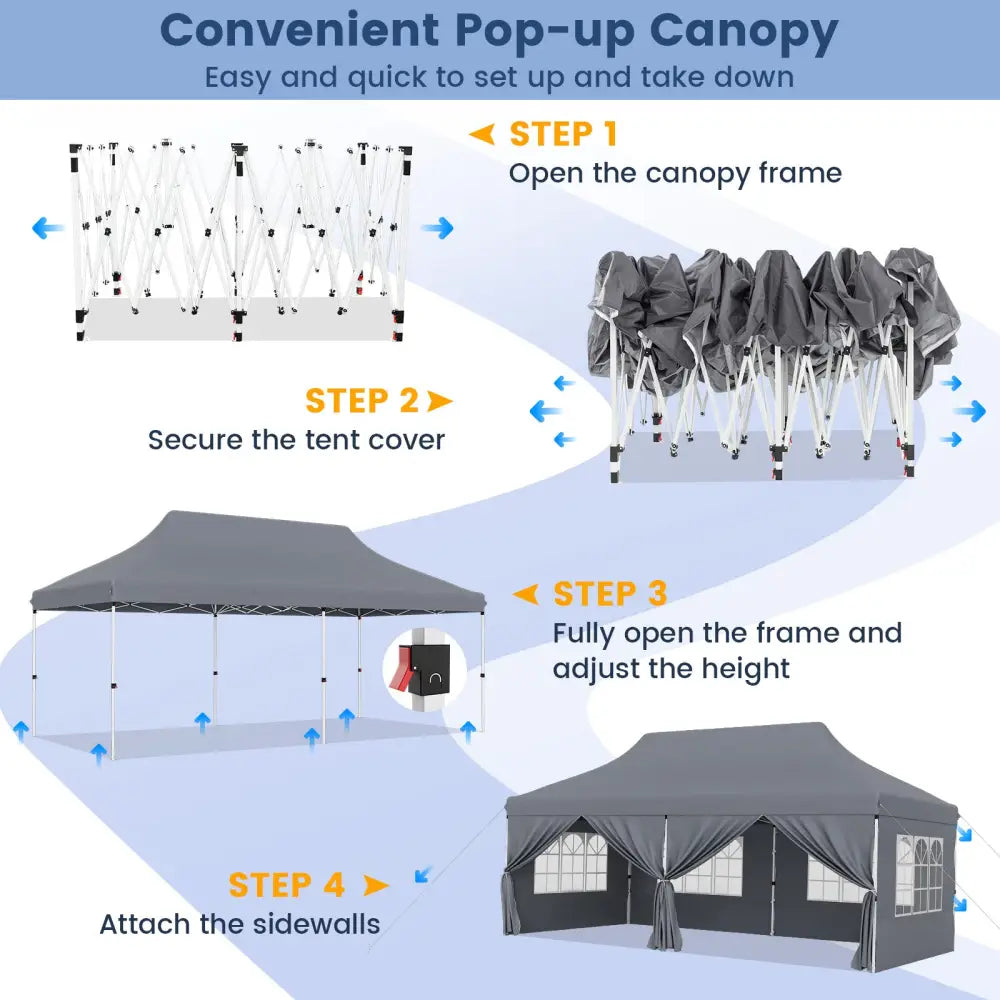10 x 20 FT Pop up Canopy with 6 Sidewalls and Windows and Carrying Bag for Party Wedding Picnic-Gray - Gray - Canopies