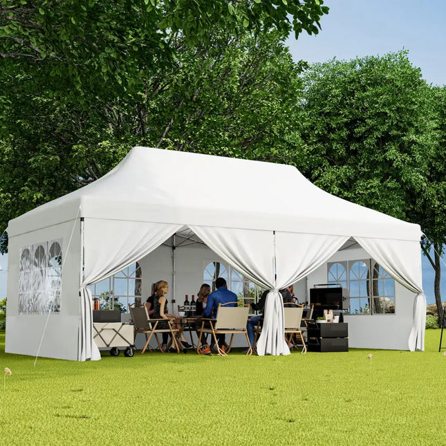 10 x 20 FT Pop up Canopy with 6 Sidewalls and Windows and Carrying Bag for Party Wedding Picnic-White - White - Canopies