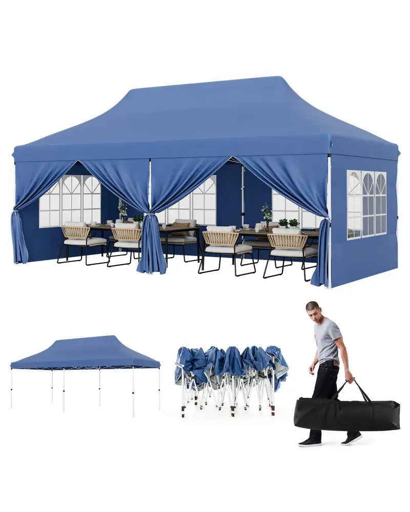 10 x 20 FT Pop up Canopy with 6 Sidewalls and Windows and Carrying Bag for Party Wedding Picnic-Blue - Blue - Canopies