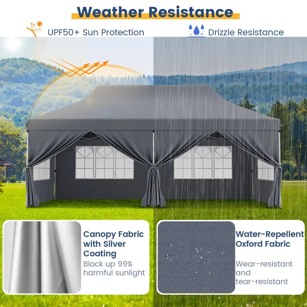 10 x 20 FT Pop up Canopy with 6 Sidewalls and Windows and Carrying Bag for Party Wedding Picnic-Gray - Gray - Canopies