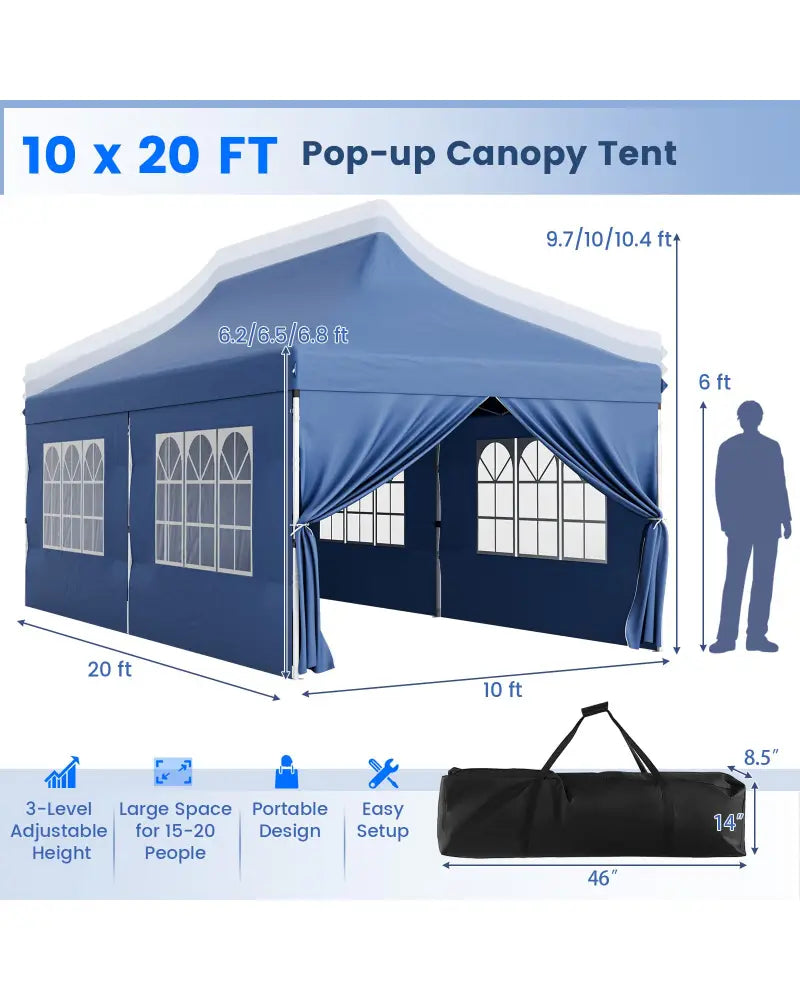 10 x 20 FT Pop up Canopy with 6 Sidewalls and Windows and Carrying Bag for Party Wedding Picnic-Blue - Blue - Canopies