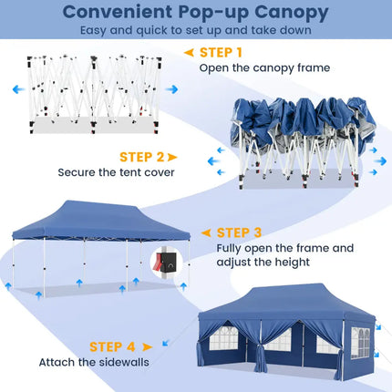 10 x 20 FT Pop up Canopy with 6 Sidewalls and Windows and Carrying Bag for Party Wedding Picnic-Blue - Blue - Canopies