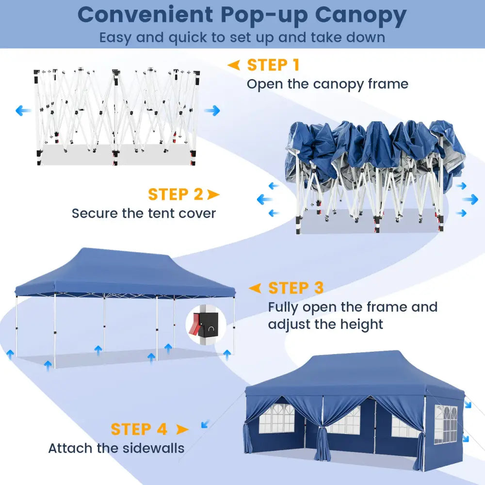10 x 20 FT Pop up Canopy with 6 Sidewalls and Windows and Carrying Bag for Party Wedding Picnic-Blue - Blue - Canopies