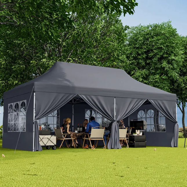 10 x 20 FT Pop up Canopy with 6 Sidewalls and Windows and Carrying Bag for Party Wedding Picnic-Gray - Gray - Canopies