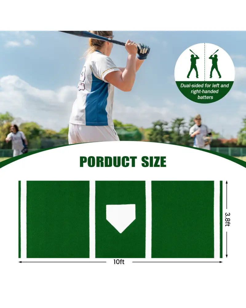 10 x 3.8 ft Baseball and Softball Hitting Mat with Home Plate-Green - Green - Golf