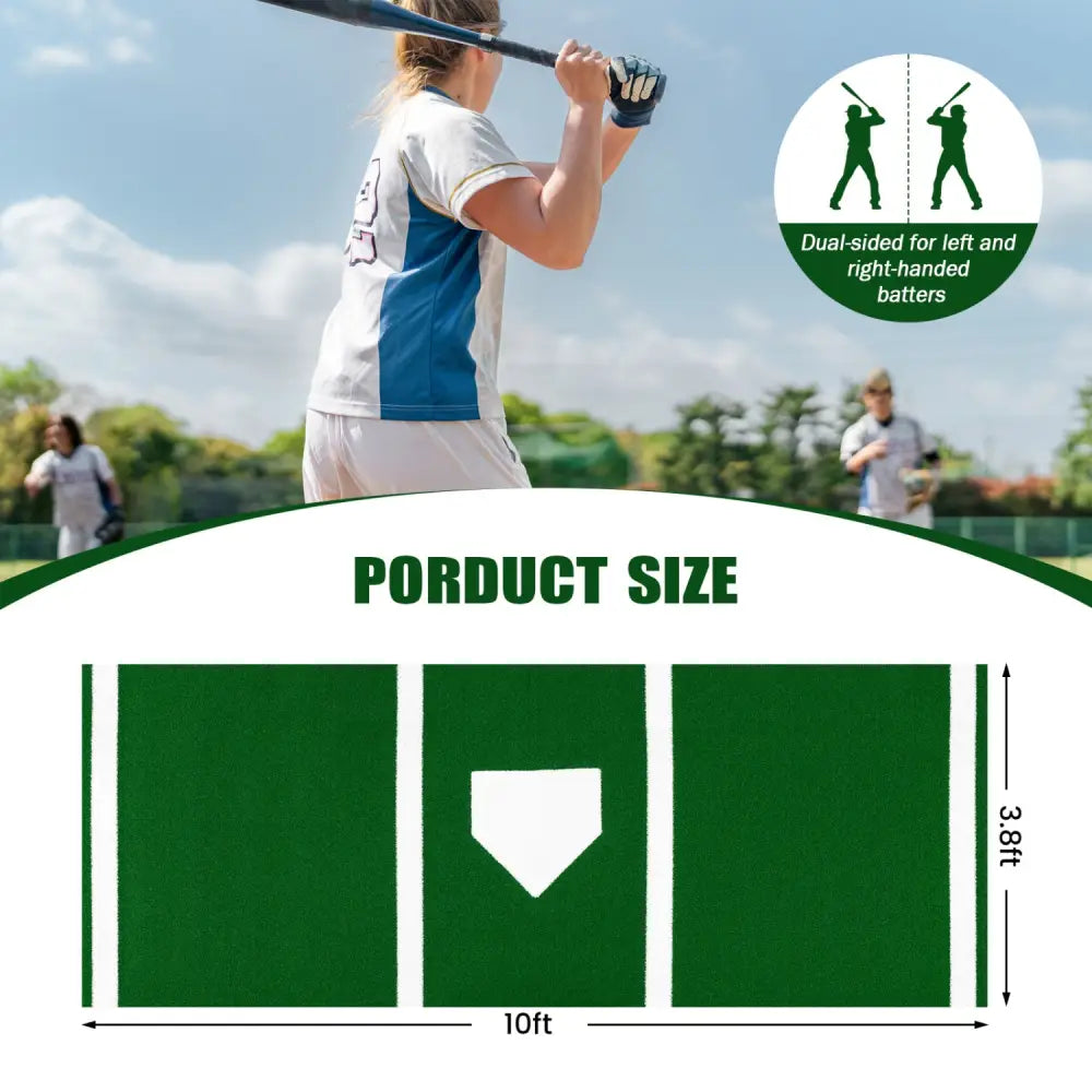 10 x 3.8 ft Baseball and Softball Hitting Mat with Home Plate-Green - Green - Golf