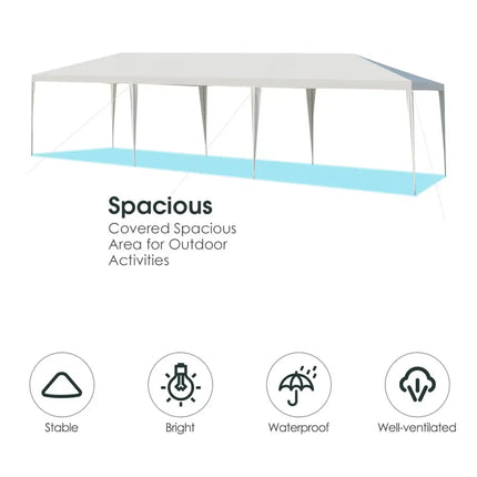 10 x 30 Feet Gazebo Canopy Tent with Connection Stakes and Wind Ropes - White - Canopies