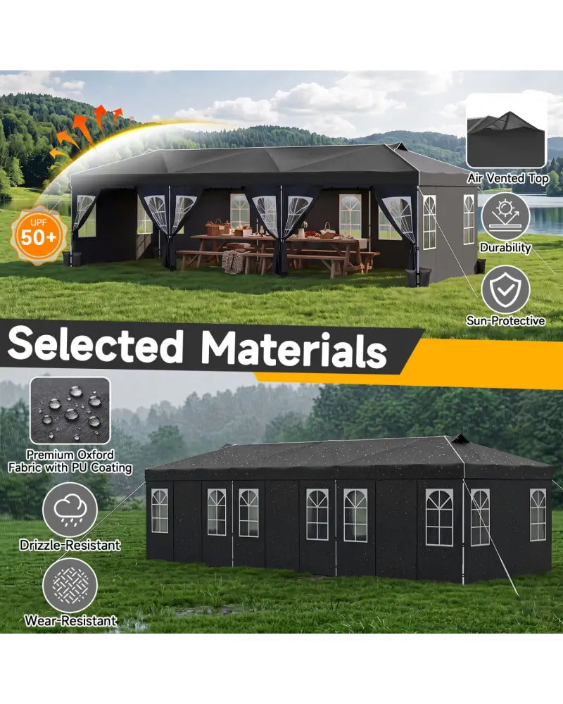 10 x 30 FT Pop Up Canopy Tent with 8 Sidewalls and Adjustable Height-Black - Black - Canopies