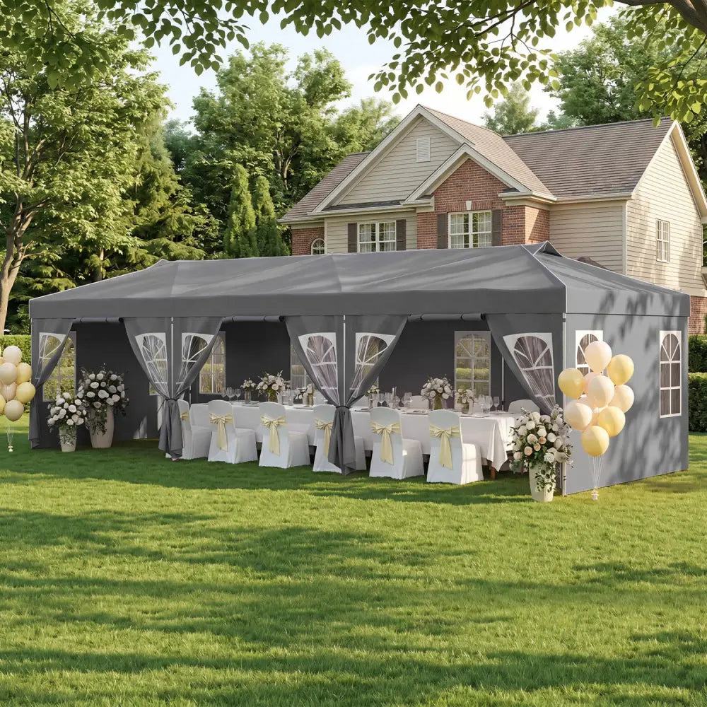 10 x 30 FT Pop Up Canopy Tent with 8 Sidewalls and Adjustable Height-Gray - Gray - Canopies