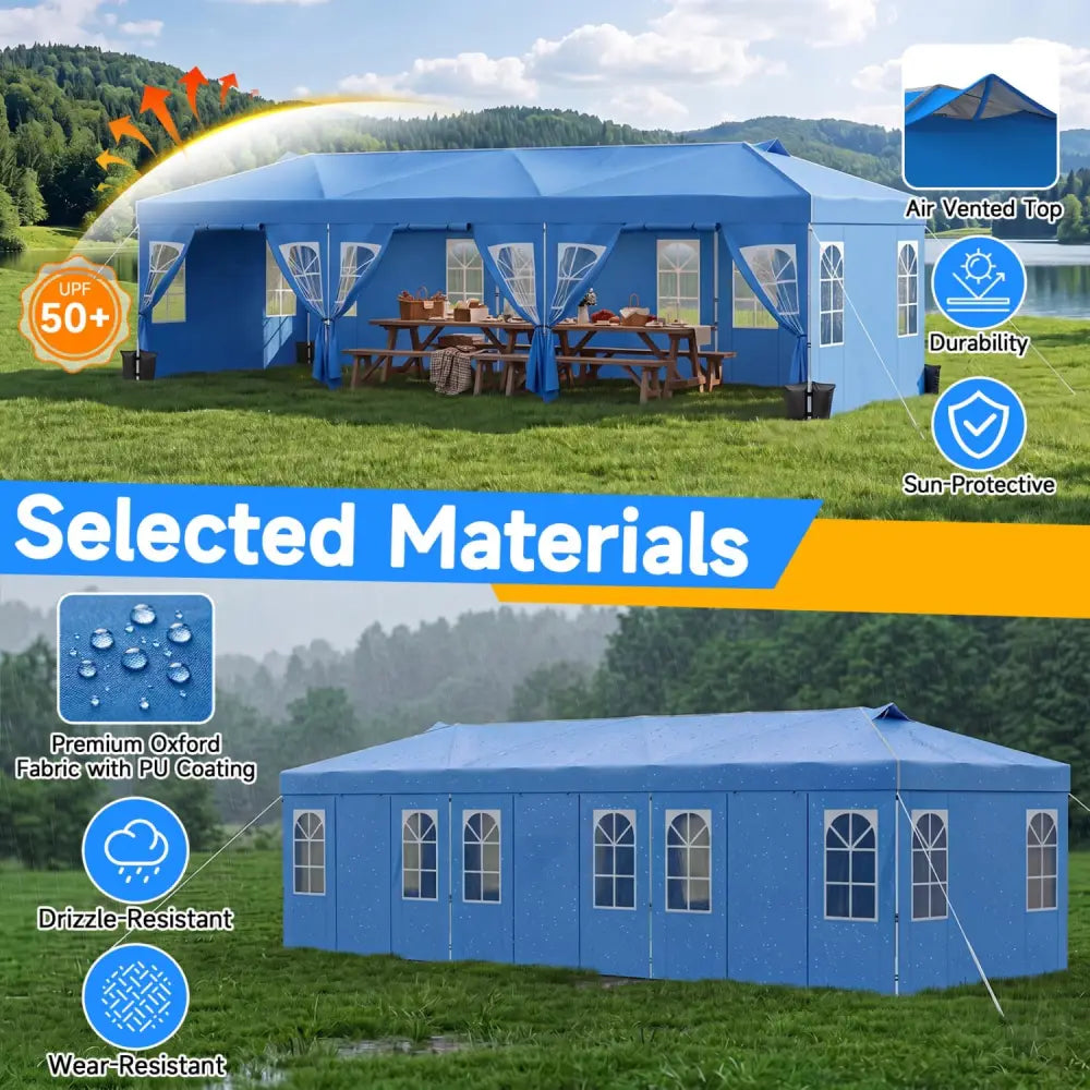 10 x 30 FT Pop Up Canopy Tent with 8 Sidewalls and Adjustable Height-Blue - Blue - Canopies