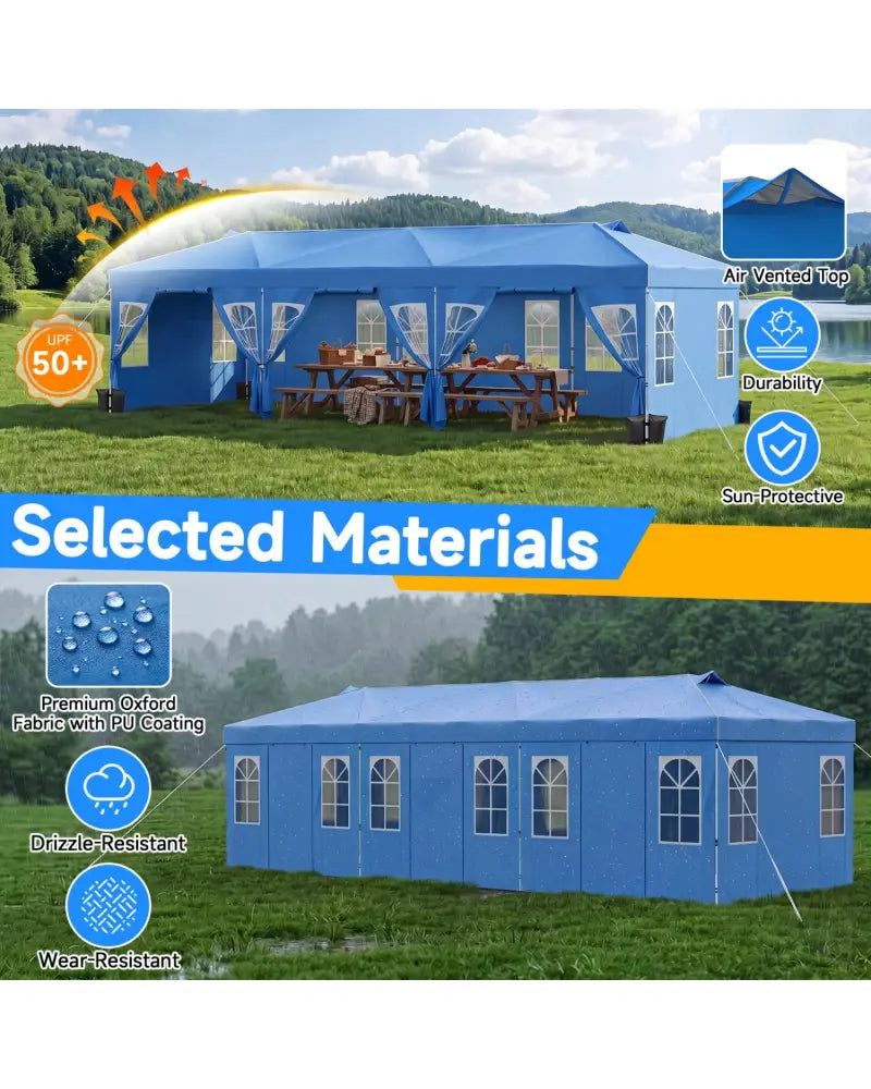 10 x 30 FT Pop Up Canopy Tent with 8 Sidewalls and Adjustable Height-Blue - Blue - Canopies