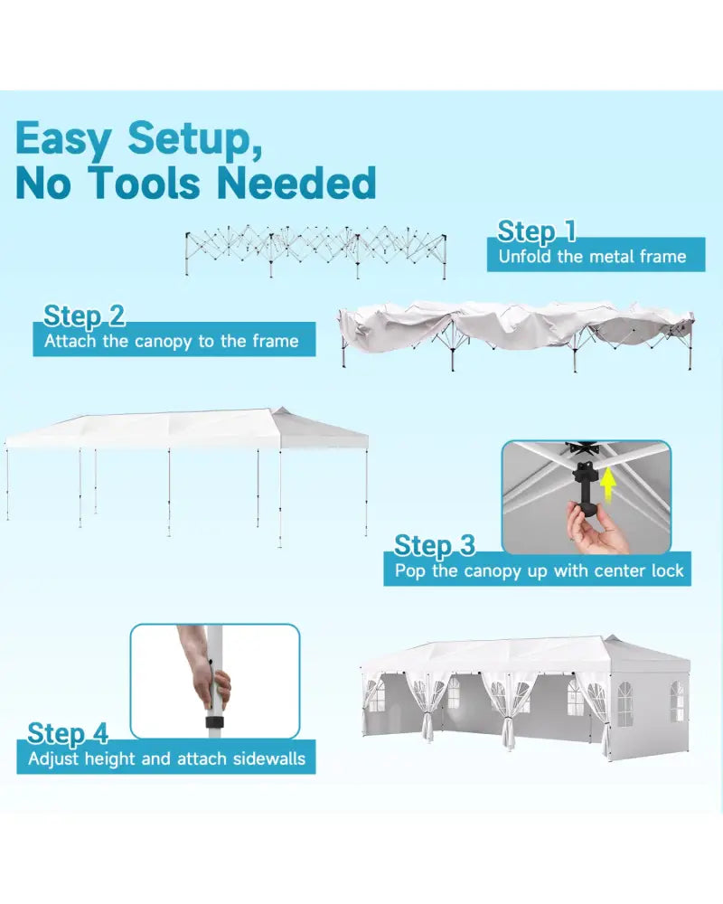 10 x 30 FT Pop Up Canopy Tent with 8 Sidewalls and Adjustable Height-White - White - Canopies