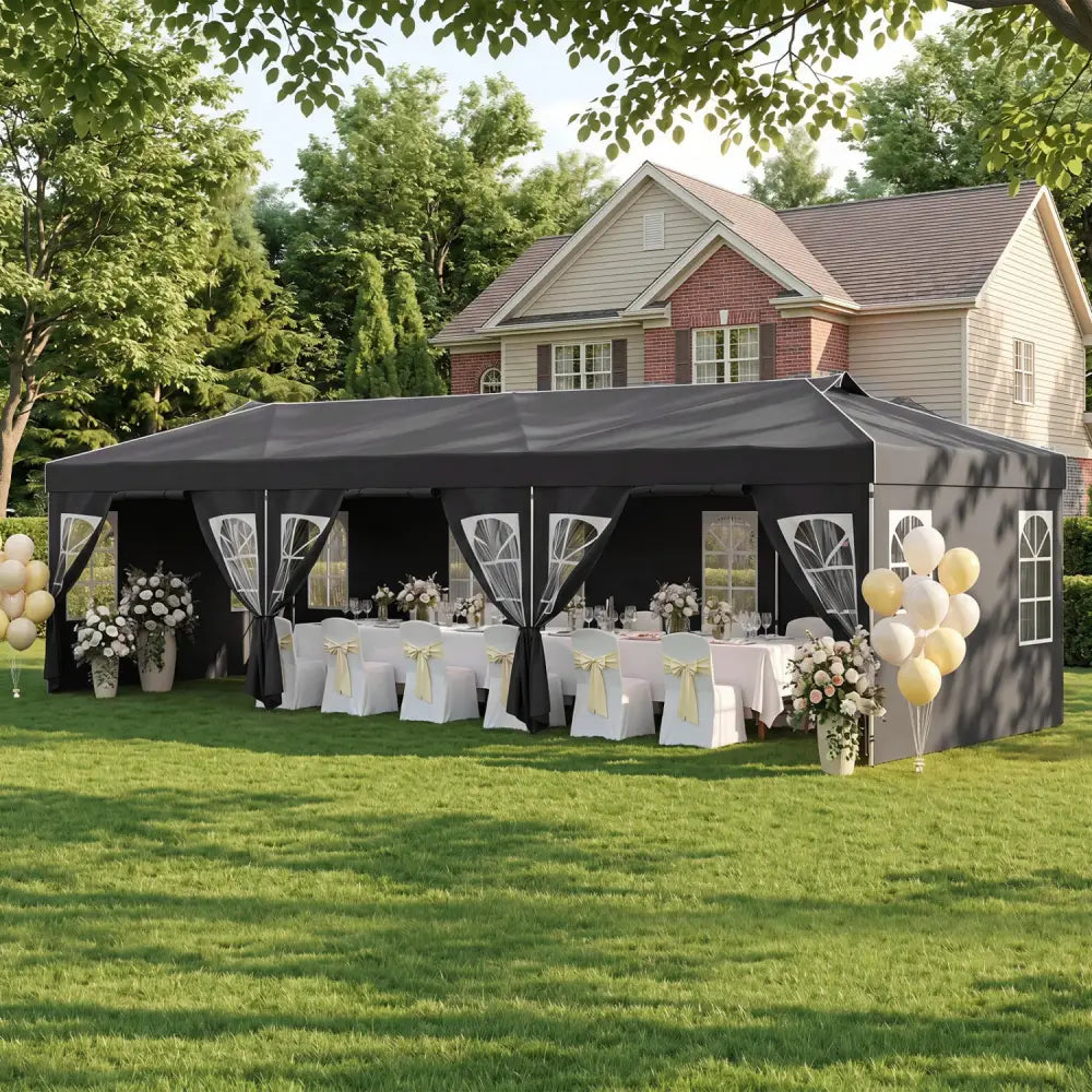 10 x 30 FT Pop Up Canopy Tent with 8 Sidewalls and Adjustable Height-Black - Black - Canopies