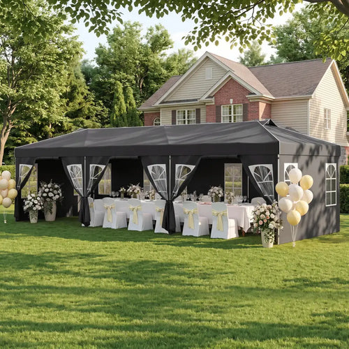 10 x 30 FT Pop Up Canopy Tent with 8 Sidewalls and Adjustable Height-Black - Black - Canopies