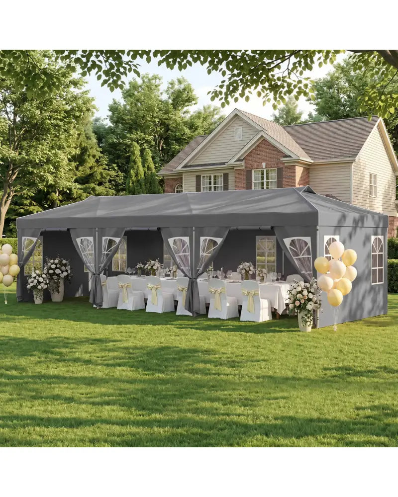 10 x 30 FT Pop Up Canopy Tent with 8 Sidewalls and Adjustable Height-Gray - Gray - Canopies