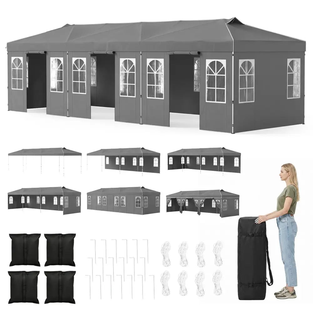 10 x 30 FT Pop Up Canopy Tent with 8 Sidewalls and Adjustable Height-Gray - Gray - Canopies