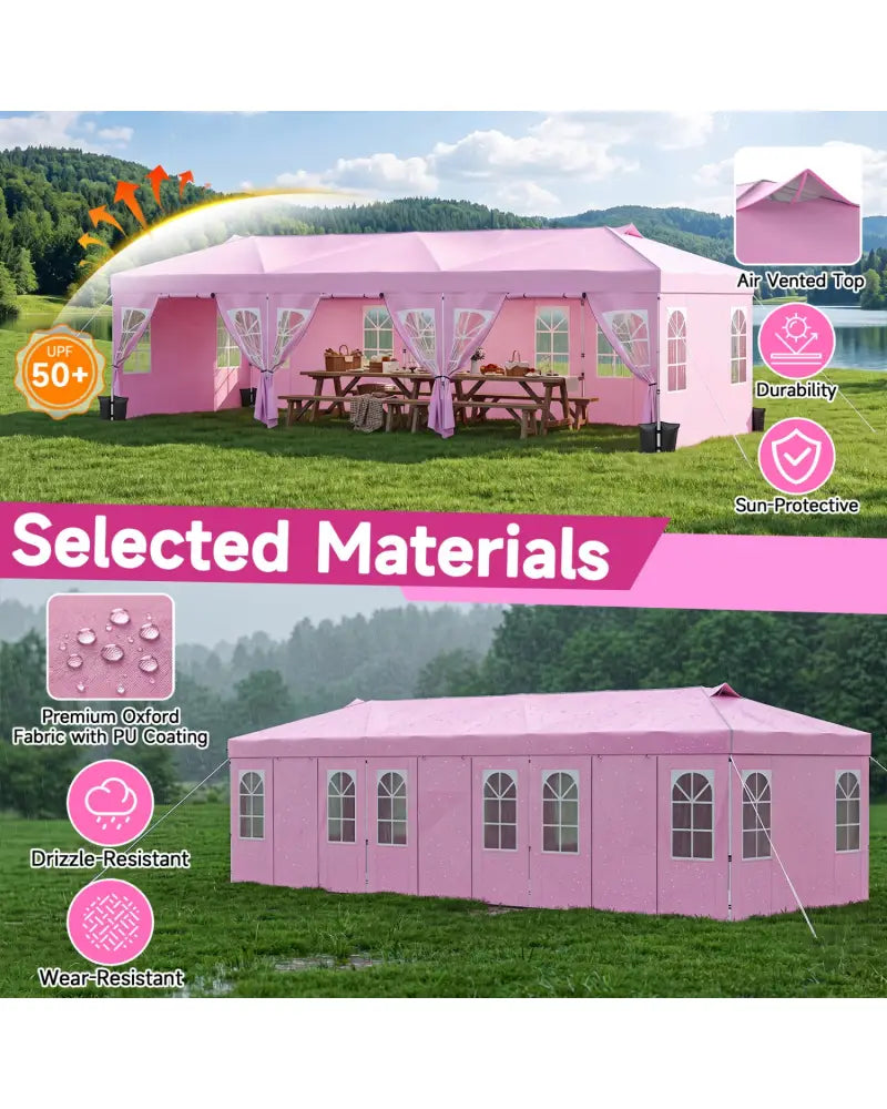 10 x 30 FT Pop Up Canopy Tent with 8 Sidewalls and Adjustable Height-Pink - Pink - Canopies
