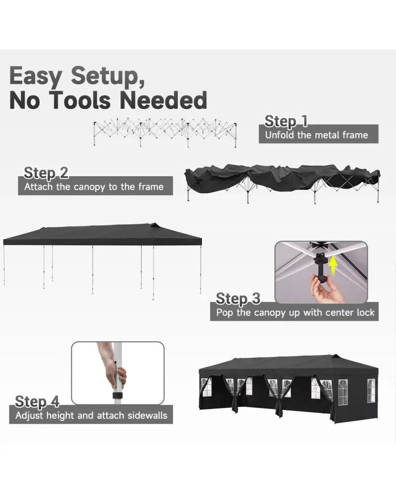 10 x 30 FT Pop Up Canopy Tent with 8 Sidewalls and Adjustable Height-Black - Black - Canopies