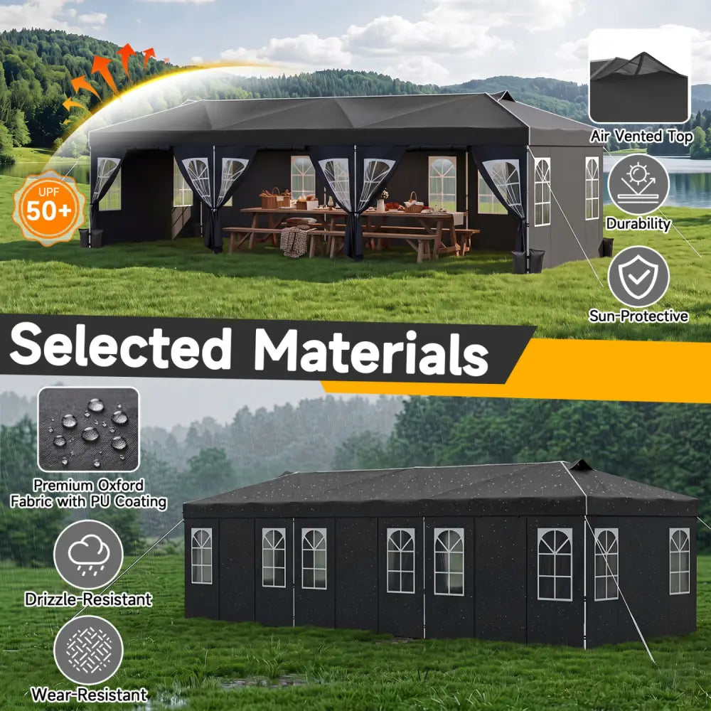 10 x 30 FT Pop Up Canopy Tent with 8 Sidewalls and Adjustable Height-Black - Black - Canopies
