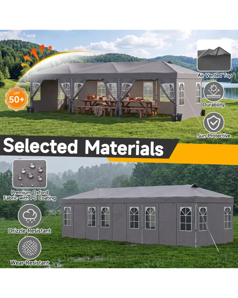 10 x 30 FT Pop Up Canopy Tent with 8 Sidewalls and Adjustable Height-Gray - Gray - Canopies