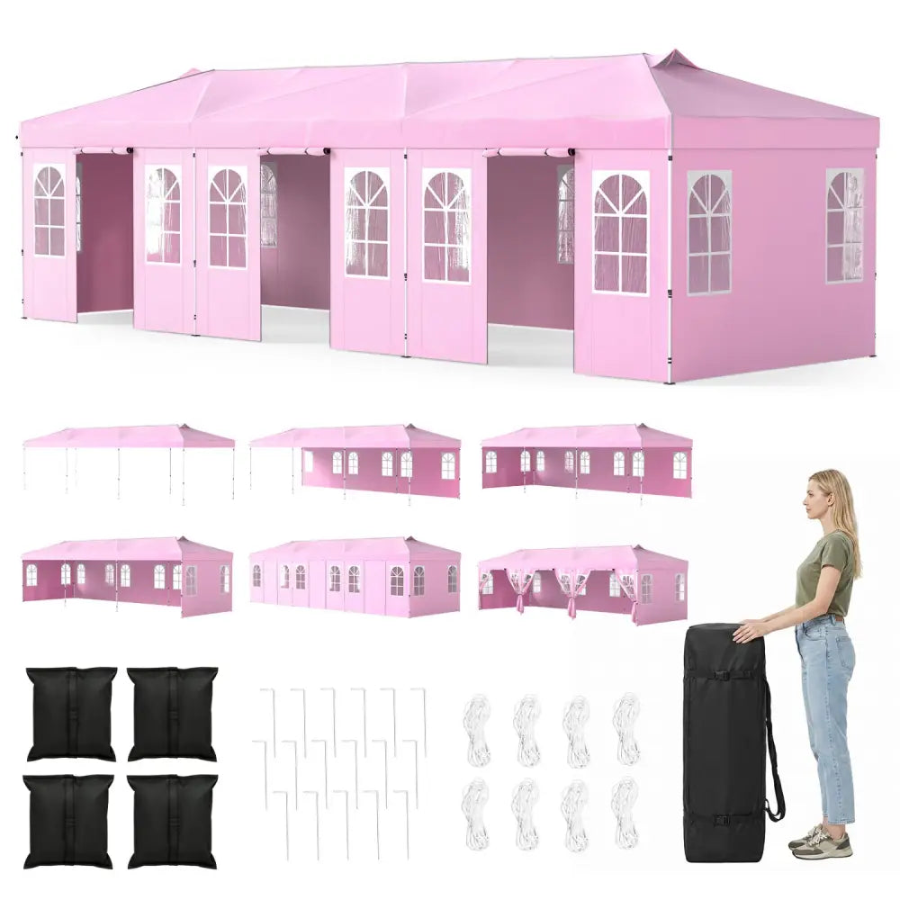 10 x 30 FT Pop Up Canopy Tent with 8 Sidewalls and Adjustable Height-Pink - Pink - Canopies